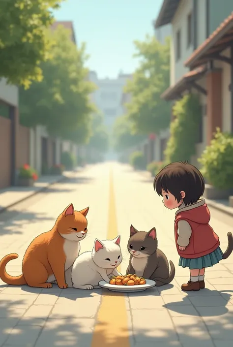  The cats were sitting in the street eating very nicely from the plate and the child was watching