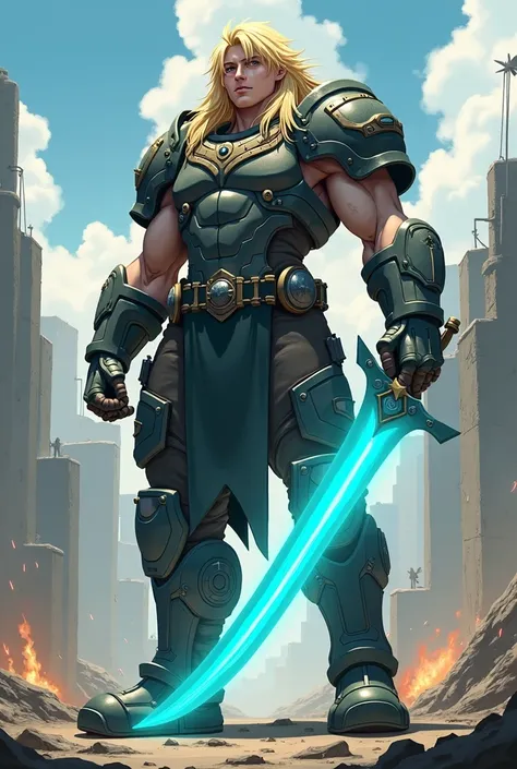 Jaune Arc from RWBY reimagined as a battle scarred 8ft tall genetically augmented warrior with long hair and a blue power sword 