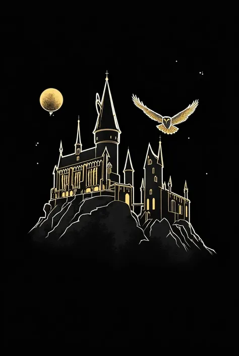 Hogwarts castle line art design with quidditch golden snitch and flying owl Hedwig for shirt in black fabric