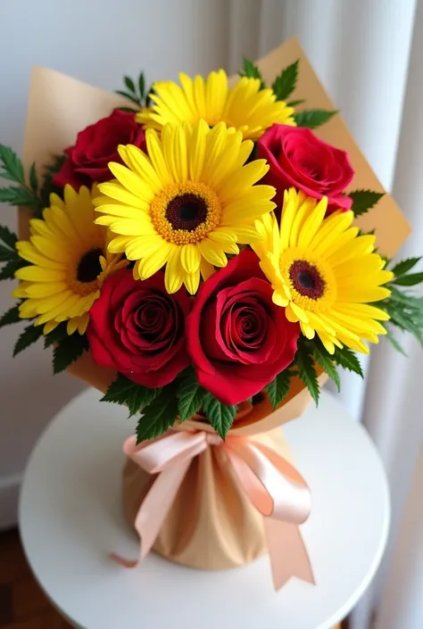 A bouquet of 4 yellow gerberas and 4 red roses tied together and wrapped beautifully for a gift