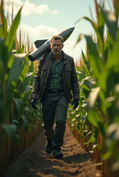 A man with a rocket on his shoulder has come out of a stalk of corn
