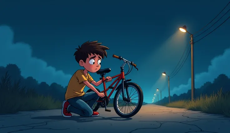 A cartoon boy in the road at night alone his bike is not starting 