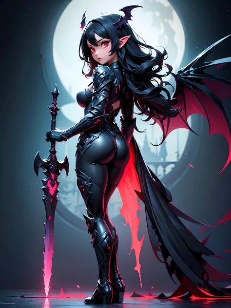 (((masterpiece, best quality, high detailed, 16k))) (1girl) A darkly enchanting woman with long flowing midnight-black hair and glowing red eyes. She wears a sinuous, tight-fitting black and crimson armor adorned with infernal symbols. Bat-like wings exten...