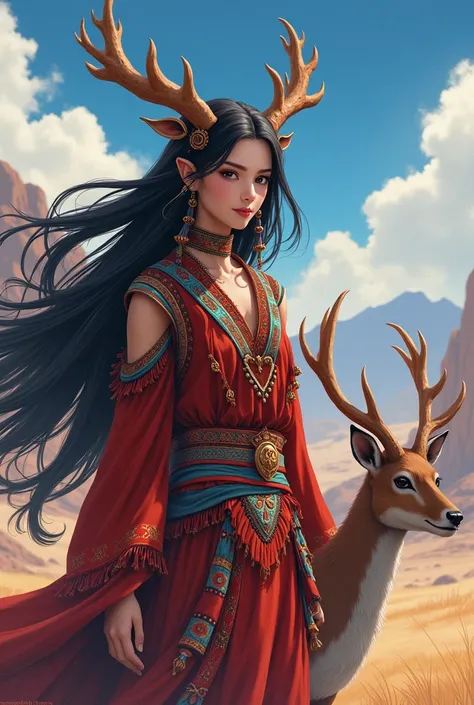 Anime character with the superpower of aharingan . With long black hair of Andean clothing that has a protective animal, the deer that is found in the Argentine puna
