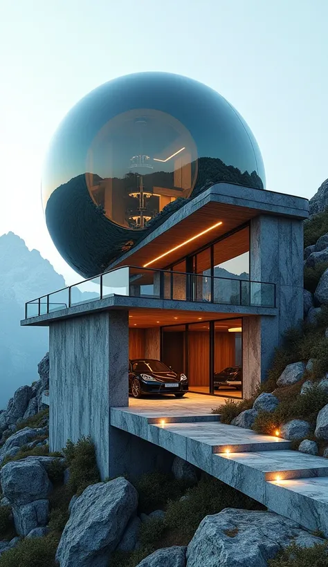 architectural design, modernistic building, glass sphere on stone cube, sci-fi home in mountains, livingbrooms in glass sphere, garage in stone cube, huge balkony with wooden roof, neons light around home