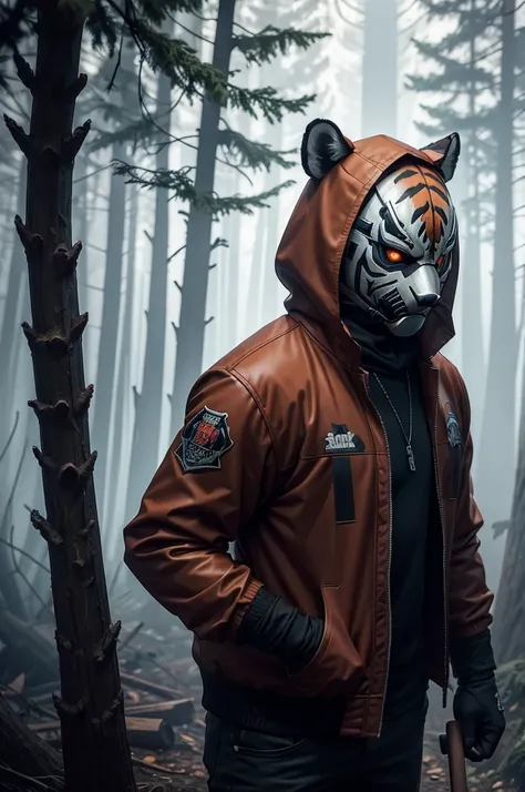 A 3D render animation of a slasher film-style scene in a dark forest. A serial killer with a tiger mask, a school jacket covering his body, and gloves is holding a wooden chopping axe. The background is a dark forest. There is blood everywhere. The style i...