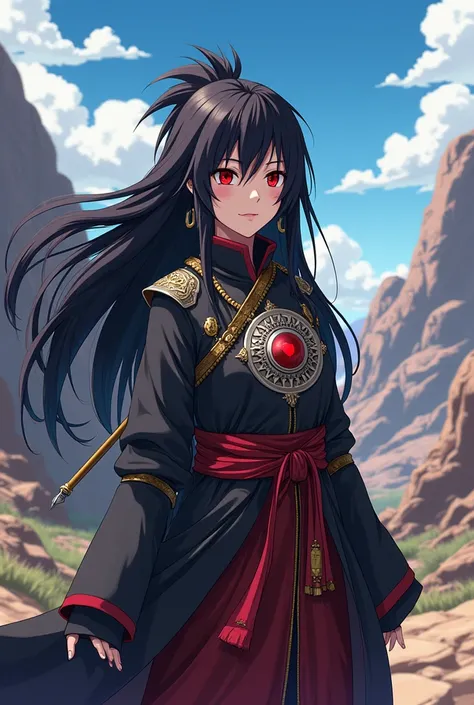 Anime character with the superpower of aharingan . With long black hair and Andean clothing that has a protector, the coquena that is found in the Argentine puna
