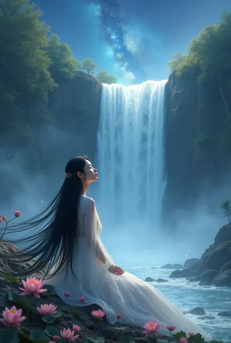 Creat a korean girl like a fairy tail story, looking at the stars , near a big waterfall, with oldest creatures , she looks divine 