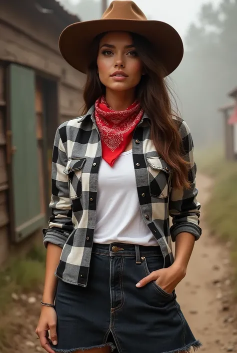 Woman with dark jean skirt, white t-shirt and checkered shirt with black, white and lead and a red bandana tied around the neck with a brown cowboy hat