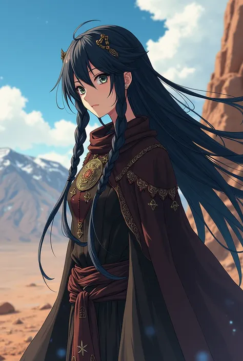 Anime character with the superpower of aharingan . With long black hair with braids of Andean clothing that has a protector, the coquena that is found in the Argentine puna
