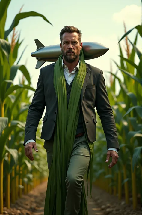 A man with a rocket on his shoulder has come out of a stalk of corn