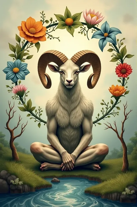 A symbolic depiction of life’s cycle—birth, growth, death, and rebirth—around Ram as he meditates.