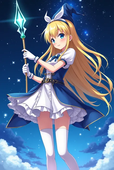 blonde long hair anime girl，White Gloves，short skirt dress，white pantyhose，Night sky，Gemstone huge magic wand，Anime comic style