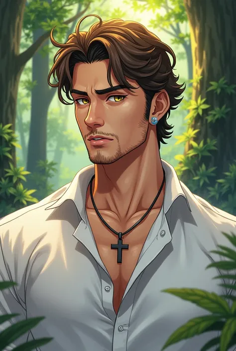 Draw an attractive white-skinned man in anime style, with wavy brown hair and golden hazel eyes with a little but very little beard , He has a white shirt and a necklace with a cross , It has to be extremely masculine and handsome and the background has to...