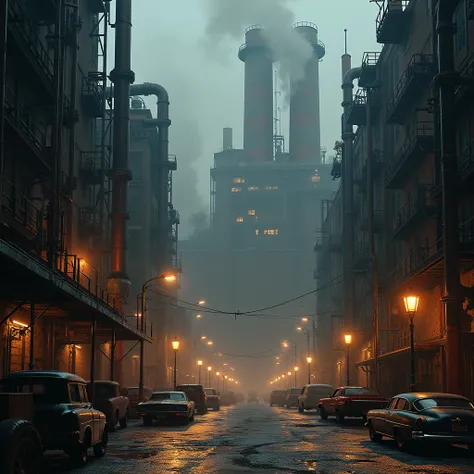 industrial city, Surround with a wall, steampunk, rusty and heavy, smoke, a fireplace, factories, gears, car, tall buildings, towers, Steam power, steam pipes, Street lights, (cinematic lighting:0.8, Super details, blossom)