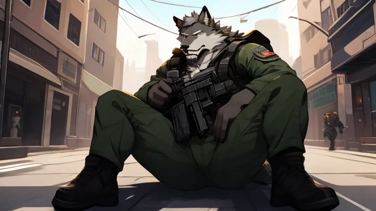 a left side picture of a very muscular furry style gray wolf. he is wearing a dark green soldier suit. his eyes are looking in t...