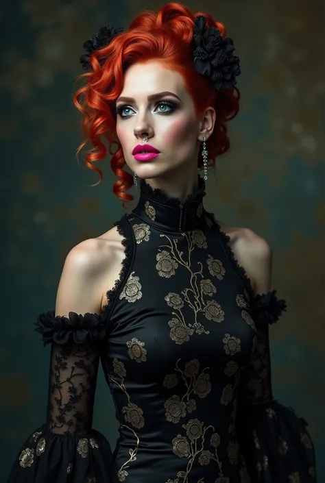 ((Full body photo)), Full body shot of a woman, white platform high heel boots,  red hair, updo, gothic girl, pink eyeshadow, 30 years elegant woman, pale skin, Maroon, high-necked black shiny satin dress in Renaissance style with Chinoiserie and high coll...