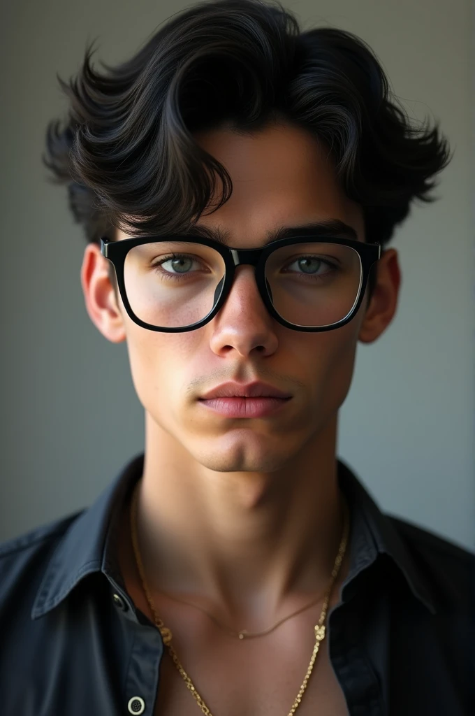 make a picture of a 1 teenage boy who is very handsome, has an ideal body, white, wavy black hair with black square glases