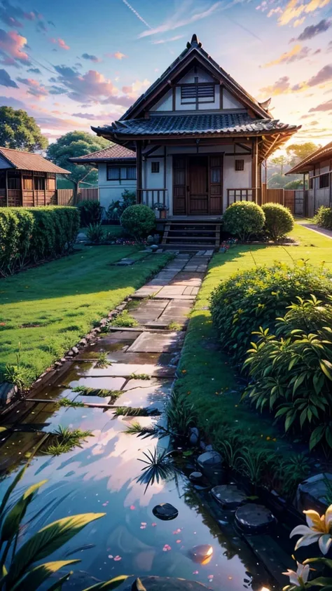 A highly detailed, realistic image of a house in rural Indonesia. With old wooden walls, a clay tile roof, and a bamboo fence. There is a Mango tree in front of the house. Some flowers in the yard. It is early morning, when the sun is just rising. Sunny, w...