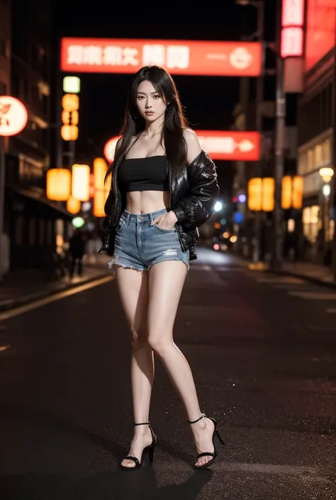 elegant portrait of an angry japanese woman in her 30s, 163cm tall, with thick muscular build, very long hair, anatomically correct, realistic skin texture, wearing a black camisole, thin jacket, denim skirt, thick legs, high heel sandals, arms crossed, st...