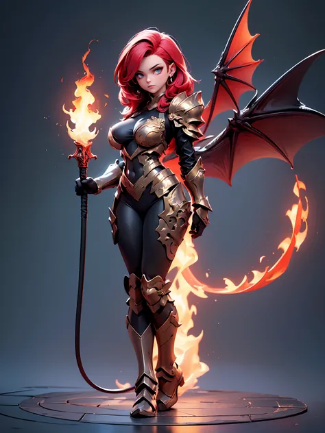 (((masterpiece, best quality, high detailed, 16k))) (1girl) A dangerously seductive woman with cascading red hair and smoldering amber eyes. She wears a revealing, flame-licked armor that clings to her every curve. Her dragon-like wings are fiery red, and ...