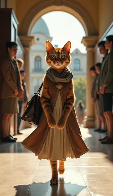 create an image of Brown beautiful cat walking in corridor of school and everyones staring at her