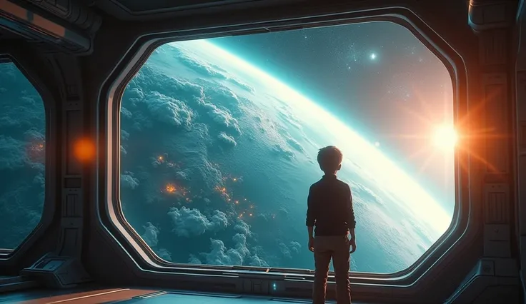 The spaceship is coming closer to the earth, Aarav is looking out of the window at the beautiful earth with the sun shining in the background.