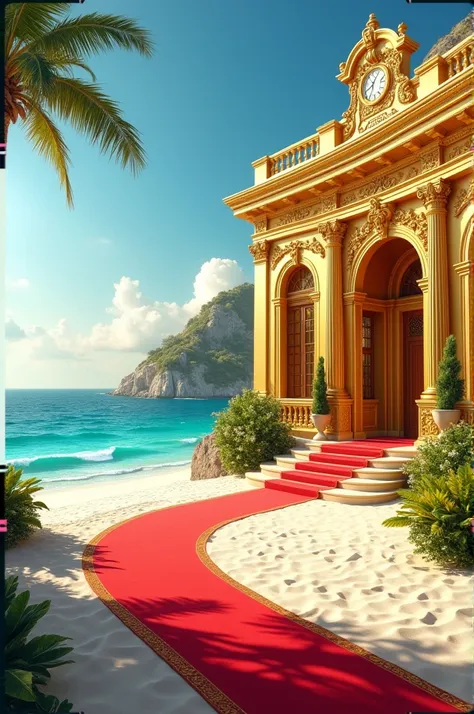 Imagine a stunning golden house perched on the edge of a sparkling blue sea, its walls reflecting the sunlight like liquid gold. A red carpet stretches from the entrance, leading down to the soft, white sands of the beach, inviting guests to step into a wo...