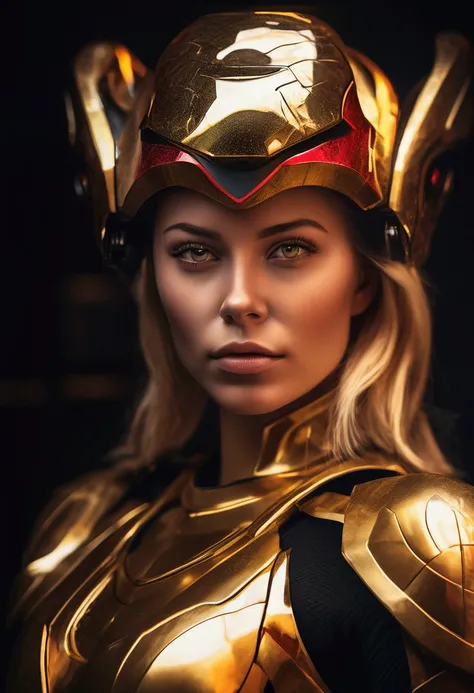 a beautiful woman with shining gold eyes, gold hair, leader of a big futuristic spaceship, wearing gold armor with red details, a futuristic goddess warrior, caravaggio painting style, cinematic lighting, dramatic chiaroscuro, vivid colors, highly detailed...