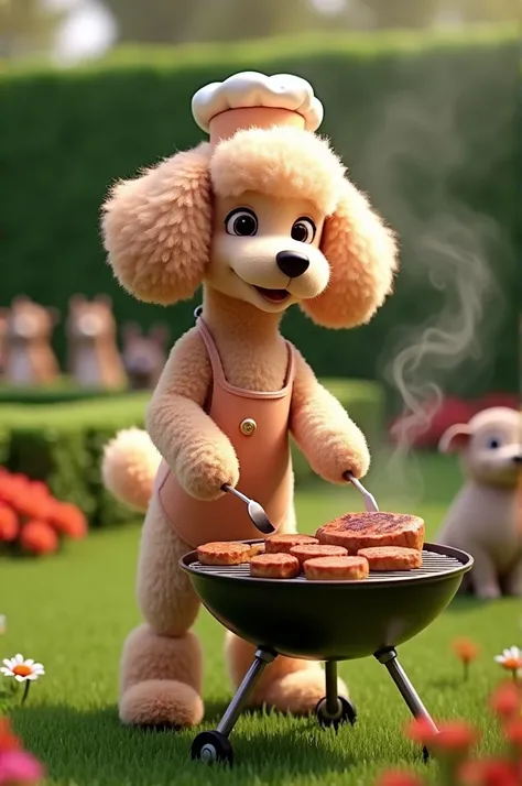 A podlle dog having a real barbecue