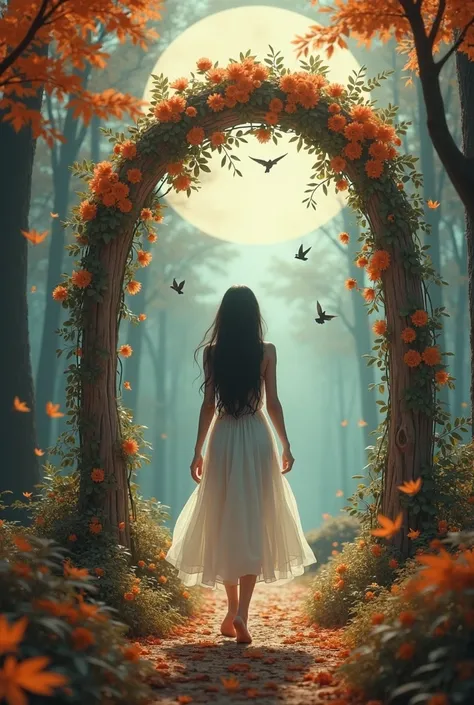 Autumn forest with a full moon hanging over it. At the end of a forest path there is a wooden arch entwined with incredible flowers and birds scurrying back and forth..  A girl with long black hair walks barefoot on crunchy branches ,one in a long white li...