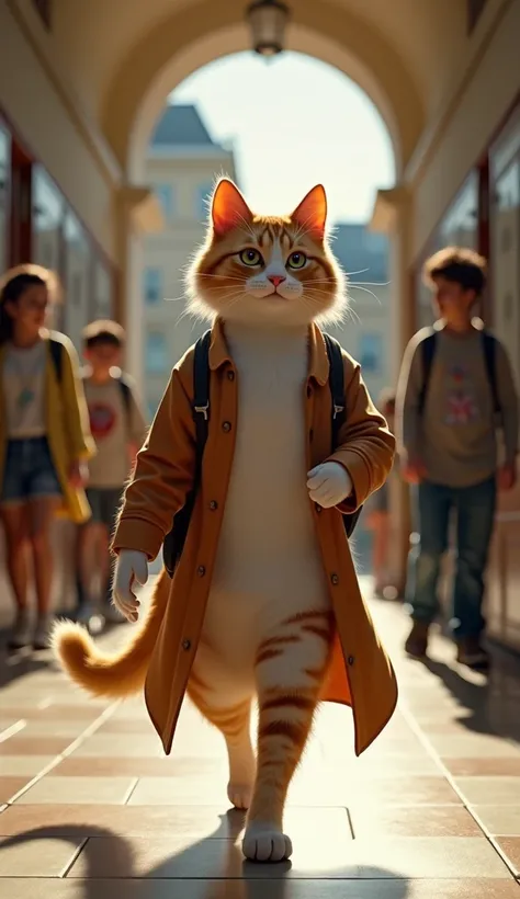 create an image of Brown beautiful cat walking  with confidence in corridor of school and everyones staring at her with surprise