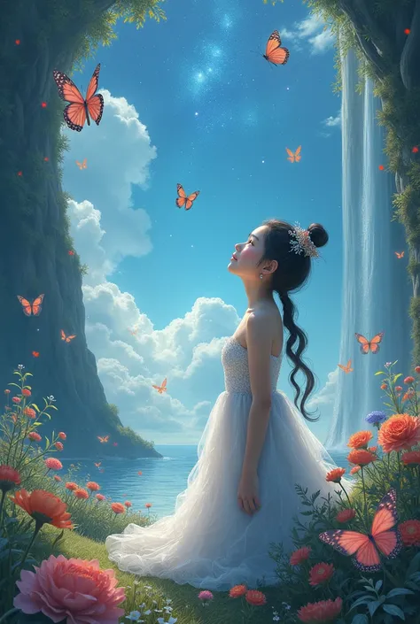 Creat a korean 2  girl like a fairy tail story, looking at the stars , near a big waterfall, with oldest creatures , she looks divine , near sea, with flying dianosours, the place is full from 1000 butterflies, she looks infinite
