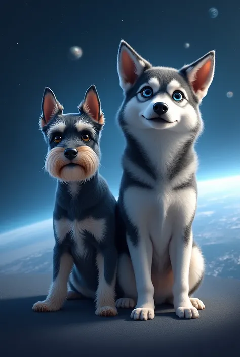 Show me a miniature schanuzer and a husky going into space