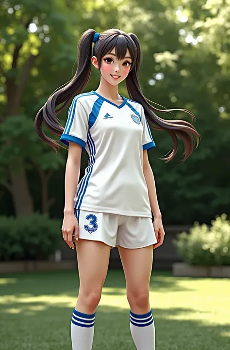 Beautiful girl in white Adidas soccer uniform、Asian、White soccer stockings、Super beautiful girl、White and blue Adidas soccer uniform、white and blue adidas soccer socks、3-Stripes、Japanese、Idol、Big Eyes、Cute Smile、Slender、Long, slender legs、The beauty of whi...