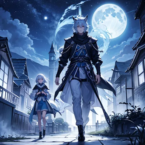 Blue samurai, ghost, walking with a wolfin a haunted village, night sky, full moon, realistic, Full HD, best quality