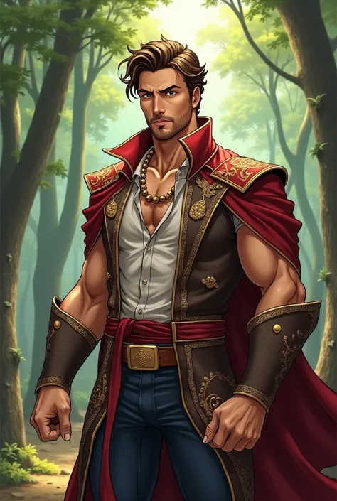 Draw an attractive white-skinned man in anime style, with wavy brown hair and golden hazel eyes with a little but very little beard , He has a bullfighter&#39;s outfit, It has to be extremely masculine and handsome and the background has to be the forest 