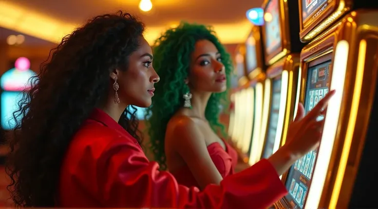 
shot with a RED Dragon camera, wide shot from the side, a Mexican rapper with long curly hair swarthy skin, red silk jacket and woman with armpit length green curly hair green hair, swarthy skin, red dress walking toward jackpot machine in a luxury casino...