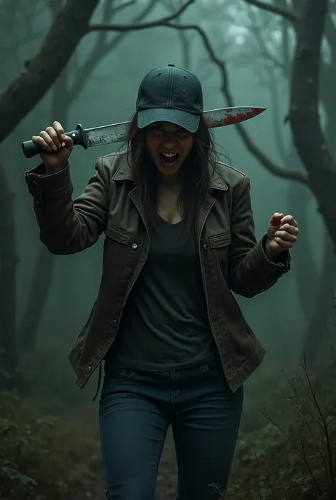 a close up of a person holding stabbing a knife into head inside a forest. The woman is wearing a worn leather jacket. dark t shirt, denim pants, black baseball hat.
