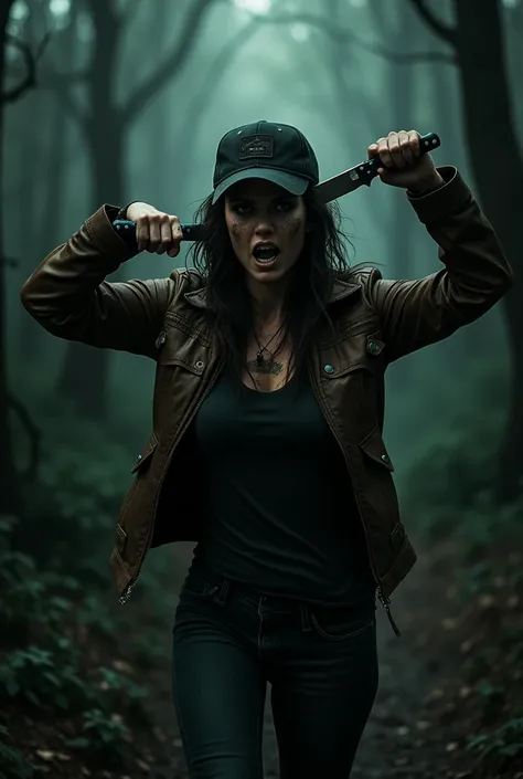 a close up of a person holding stabbing a knife into head inside a forest. The woman is wearing a worn leather jacket. dark t shirt, denim pants, black baseball hat.
