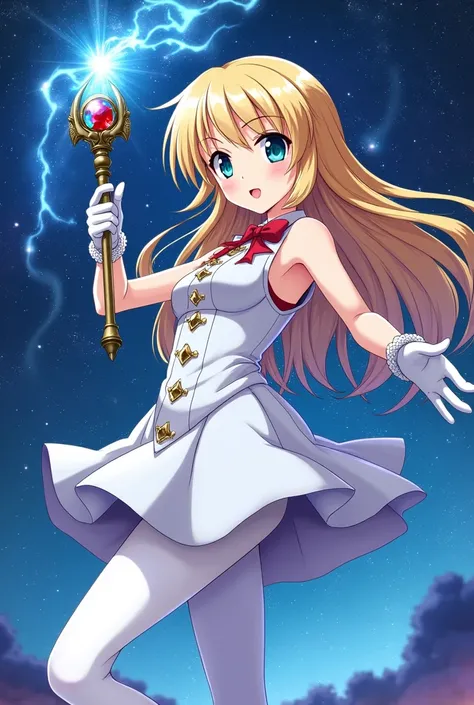 blonde long hair anime girl，White Gloves，short skirt dress，white pantyhose，Night sky，Gemstone huge magic wand，Anime comic style