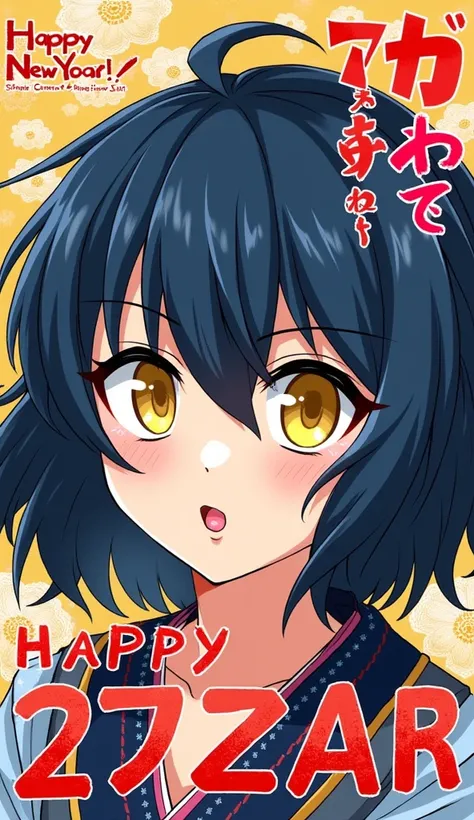 Nengajo: Japanese New Year&#39;s Cards,謹賀new year,new year, ,shimabara yuuhi,Lip gloss,Blue black hair,Short messy bangs,Shaggy hair,Long Hair,Medium Hair,Thick eyebrows,Sharp yellow eyes