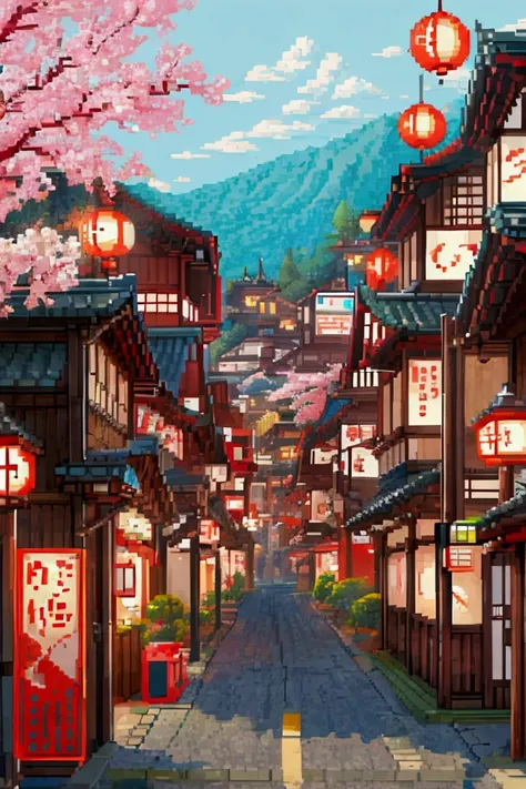 top-down videogame pixel art, gorgeous japanese town, detailed, high quality pixel art map, kawaii cute comfy