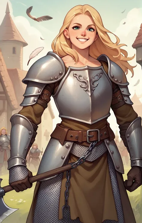 1female, long hair, dressing a medieval armor, war axe, big axe, blonde hair, muscle, medieval cloth pants, flat chest armor, chainmail under armor, helmet, feather, dark cloth, smile, happy, gloves, 