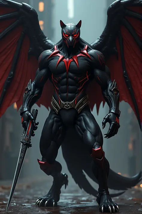 Black panther fusion vulture with black and red details with a gun and a sword 