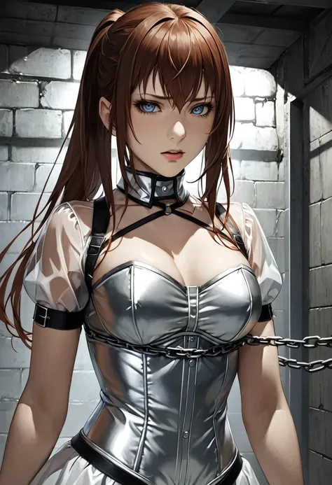 chained bondage bdsm makise kurisu from steins gate anime wearing transparent silver corset ,detailde basement background ,reali...