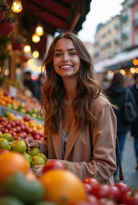 Attractive influencer, with long brown hair, at the Madrid San Miguel Market, buying fresh fruits. This market is known for its wide variety of fresh and gourmet products. Shows a relaxed face and looking towards the camera choosing fresh fruits.