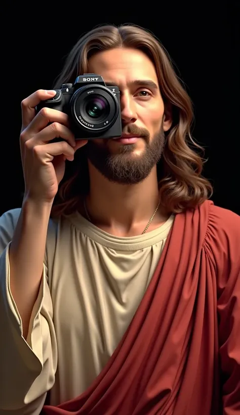 Jesus as cameramen, holding Sony Camera NX200 type in his shoulder,vision look from afar. Background on altar of Christian church