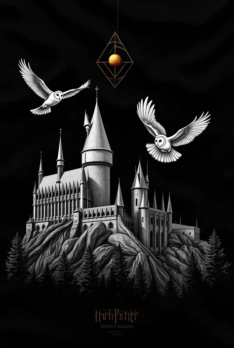 Hogwarts castle line art design with quidditch golden snitch and flying owl Hedwig and original deathly hallows logo for shirt on black fabric