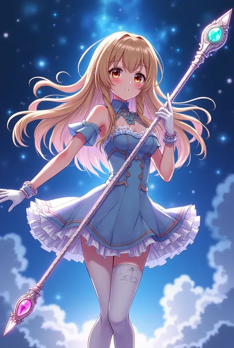 blonde long hair anime girl，White Gloves，short skirt dress，white pantyhose，Night sky，Gemstone huge magic wand，Anime comic style